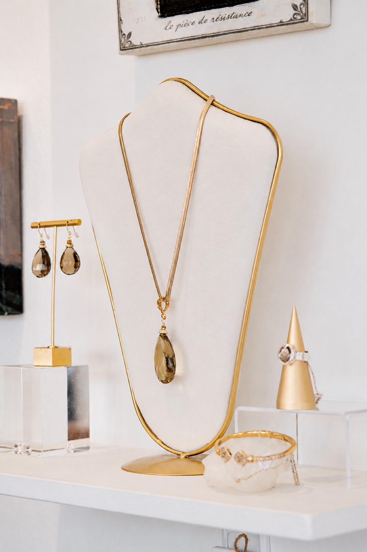 Elegant jewelry displayed inside the Ella Lafay boutique