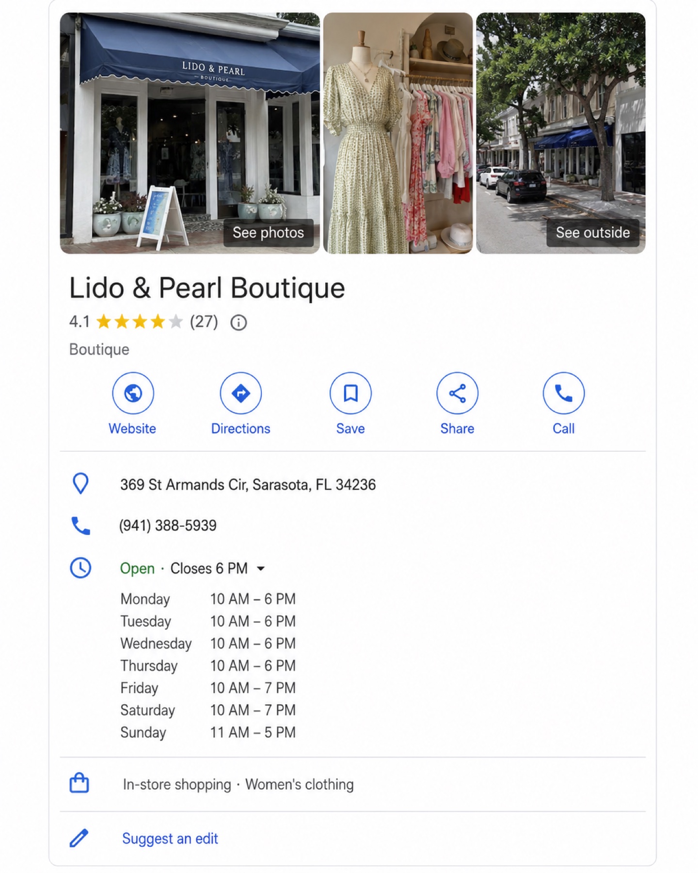 Boutique Google Business Profile before transformation